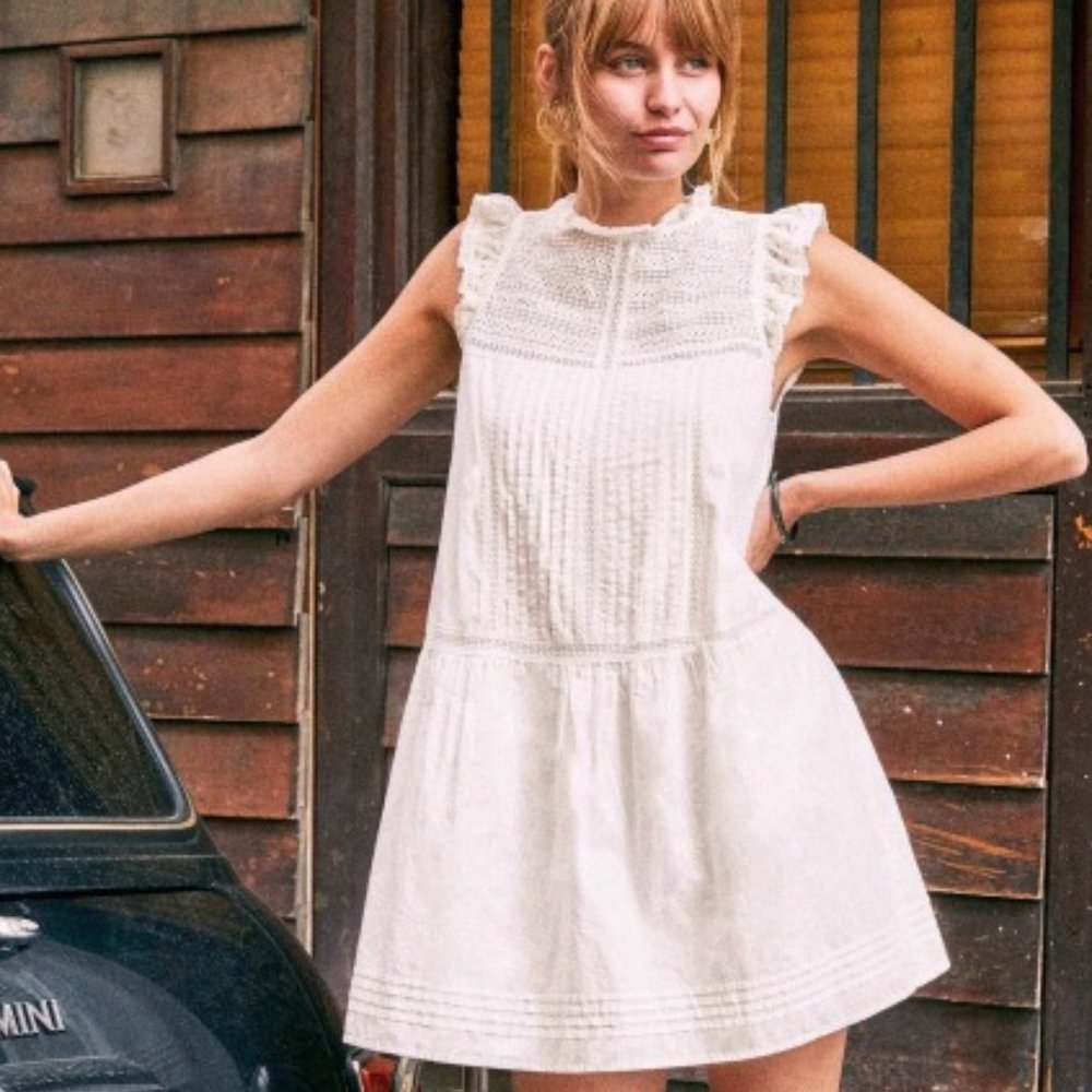 SEZANE A Paris Robe Sophia Ladies 100% Cotton Mini White Dress Lace Size 4